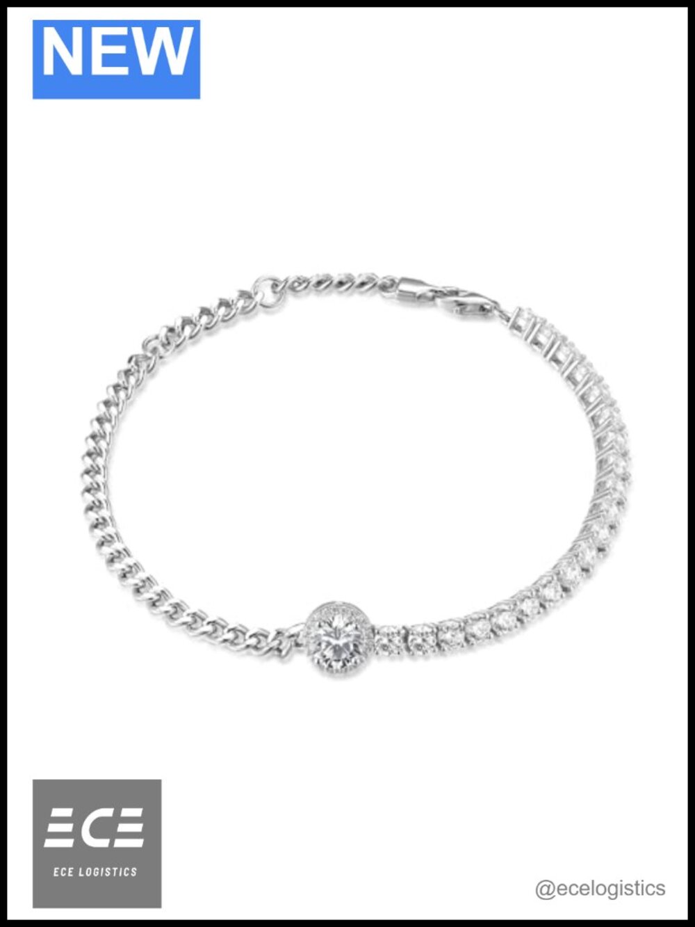 Sterling Silver Curb Chain Tennis Bracelet Cubic Zirconia Adjustable 7.87 Inch